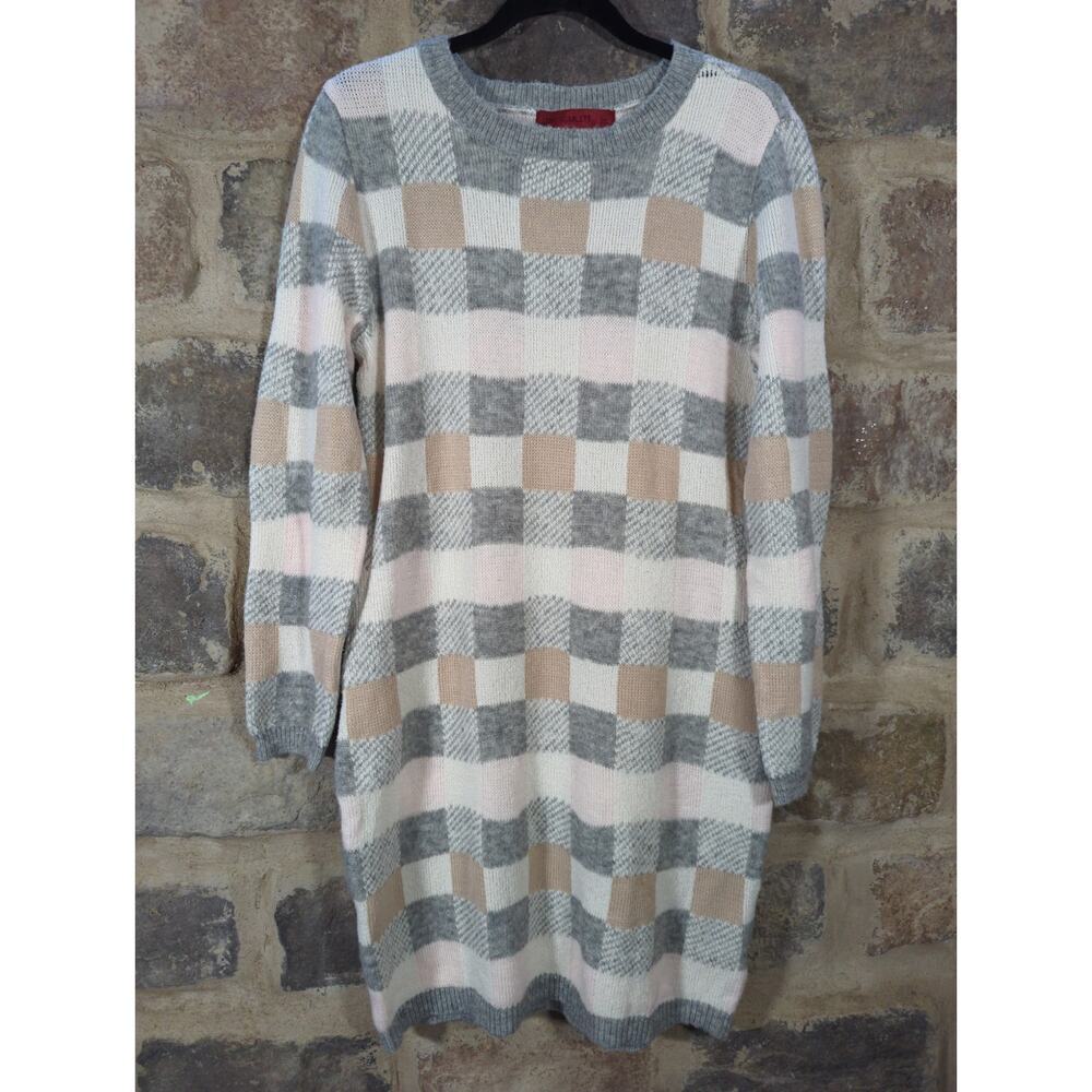 Love Scarlett Sweater‎ Dress Woman's Large Checkered Pink Gray Brown Cozy Winter